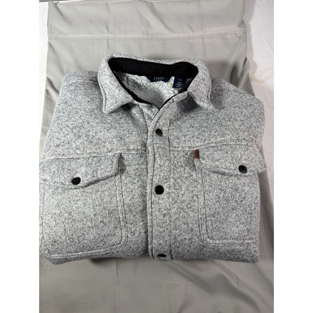CHAPS Men's Large Grey Heather Knit Fleece Sherpa Lined Snap Shacket